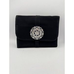 Black Satin Clutch With Silver Embellishment & Magnetic Closure